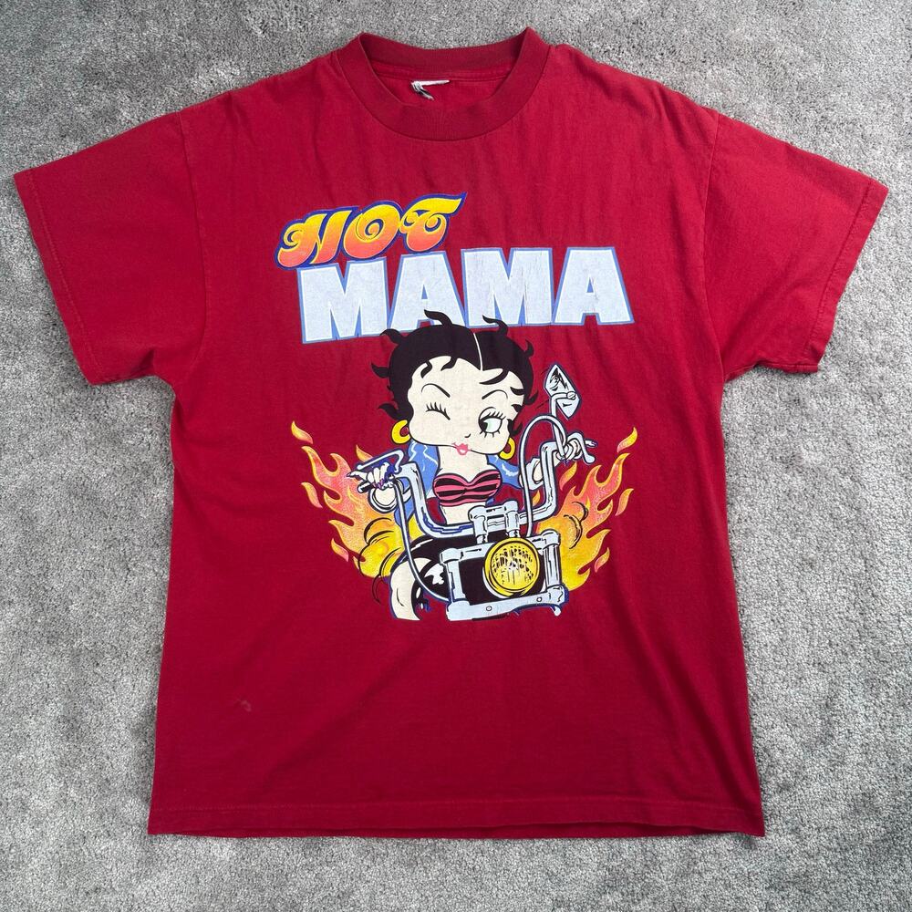 Hot Mama Betty Boop Graphic T-Shirt Size L Biker Motorcycle Flames Red 90s